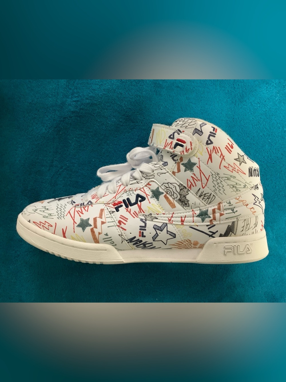 FILA F3 White High-Top Sneakers with Multicolor Graffiti 7